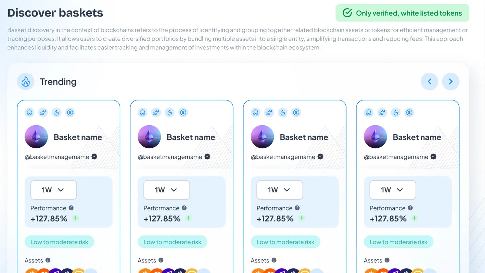 The Mosaic Alpha Discover Baskets screen, with a left navigation and 4 trending basket cards.