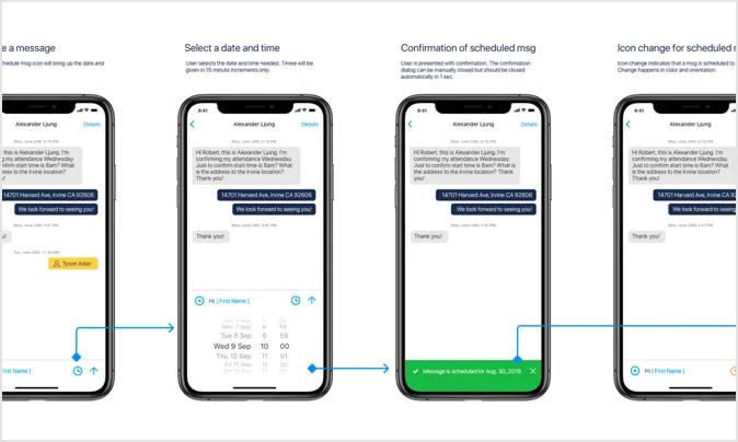 Four phone screens showing an SMS conversation and appointment scheduling flow.