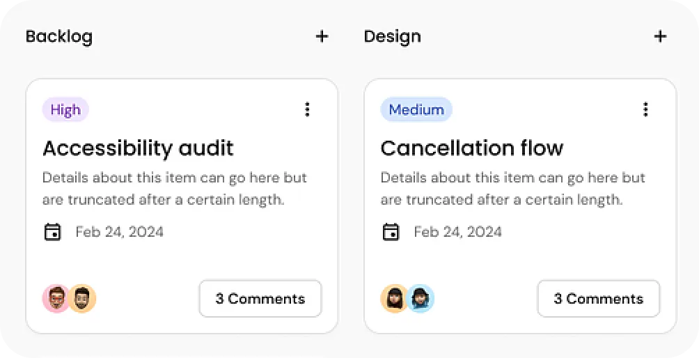 A kanban board of UX tickets labelled by priority, including an accessibility audit and a cancellation flow.